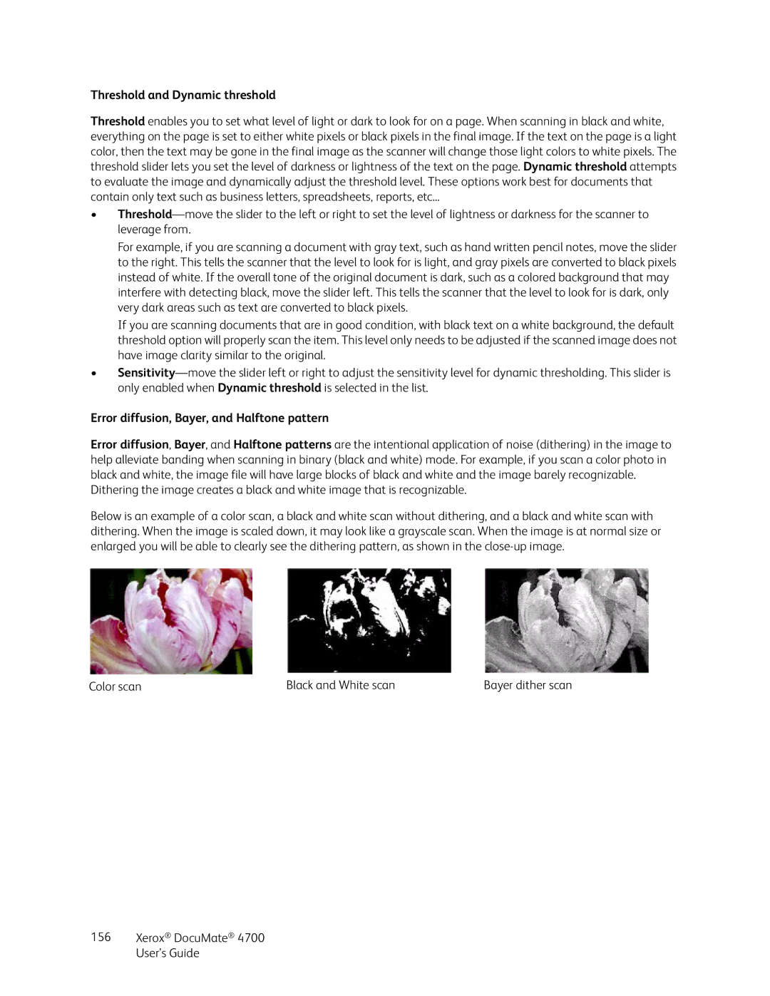 Xerox 4700 manual Threshold and Dynamic threshold, Error diffusion, Bayer, and Halftone pattern 