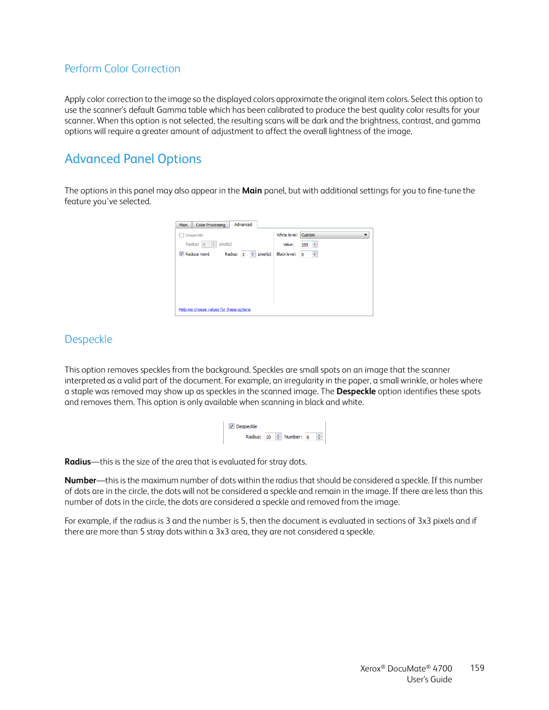 Xerox 4700 manual Perform Color Correction, Despeckle 