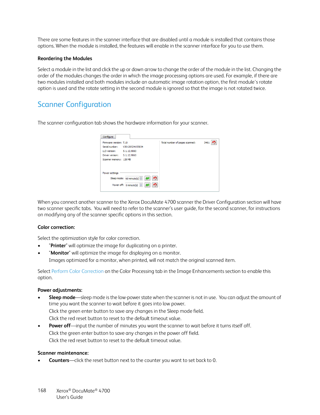 Xerox 4700 manual Scanner Configuration, Reordering the Modules, Color correction, Power adjustments, Scanner maintenance 