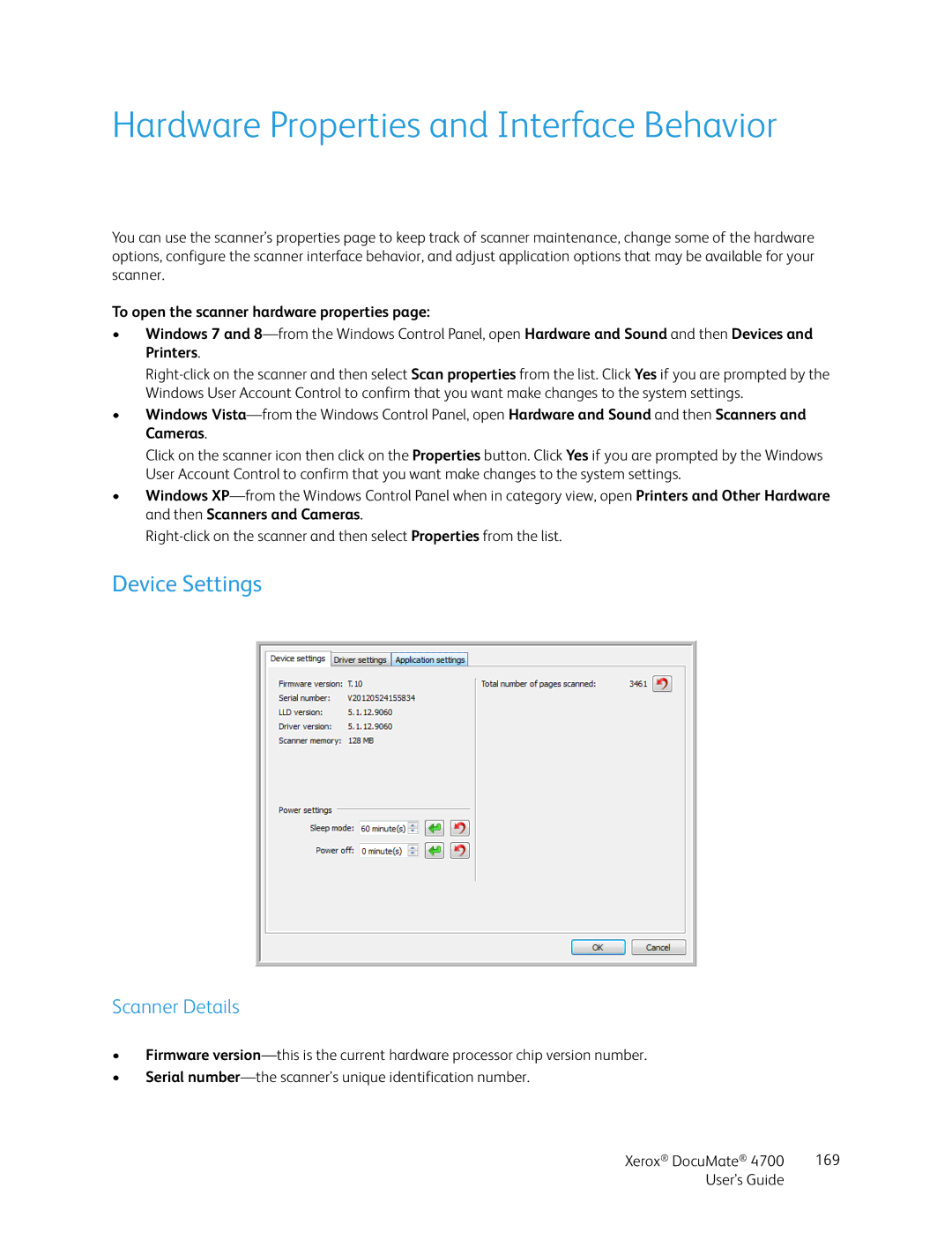 Xerox 4700 manual Scanner Details, To open the scanner hardware properties 