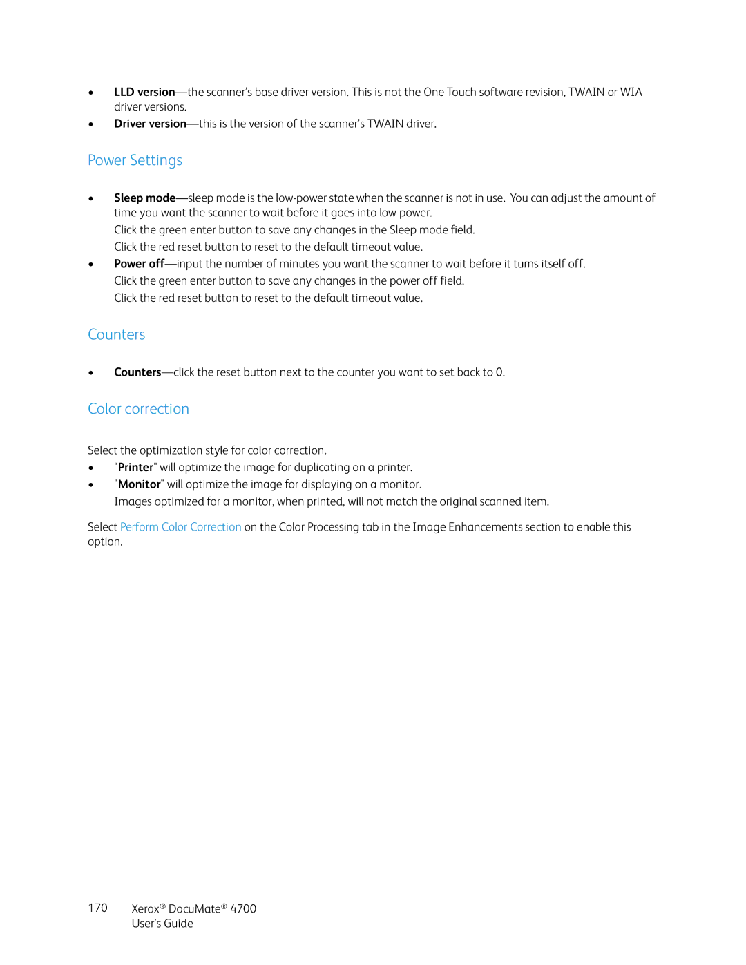 Xerox 4700 manual Power Settings, Counters, Color correction 