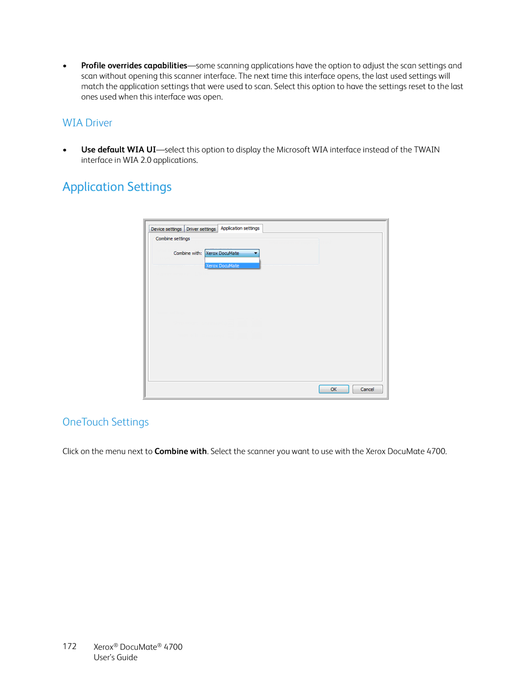 Xerox 4700 manual Application Settings, WIA Driver, OneTouch Settings 