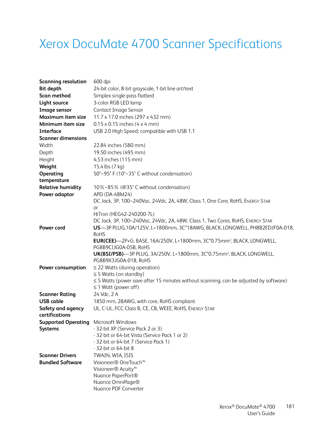 Xerox manual Xerox DocuMate 4700 Scanner Specifications 