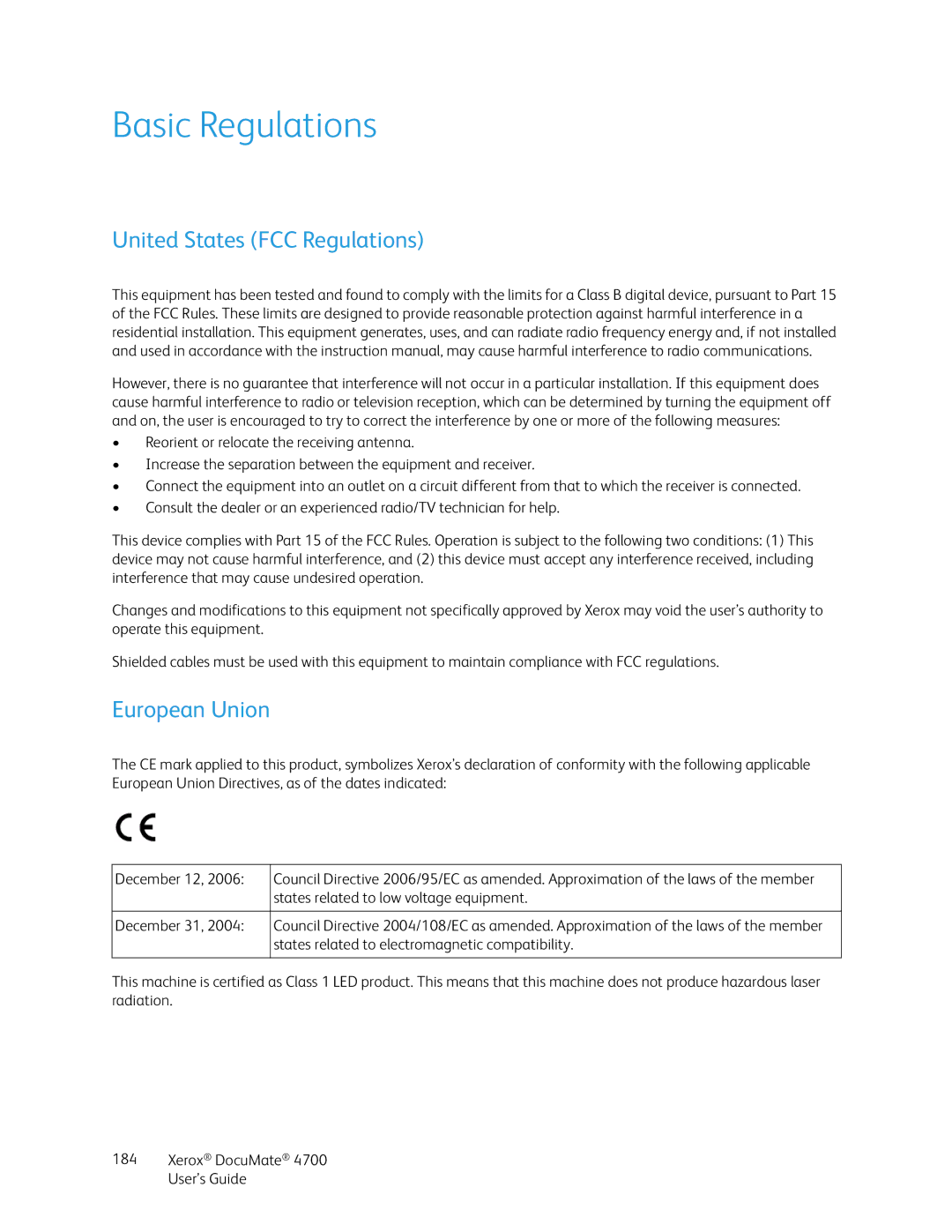 Xerox 4700 manual Basic Regulations, United States FCC Regulations, European Union 