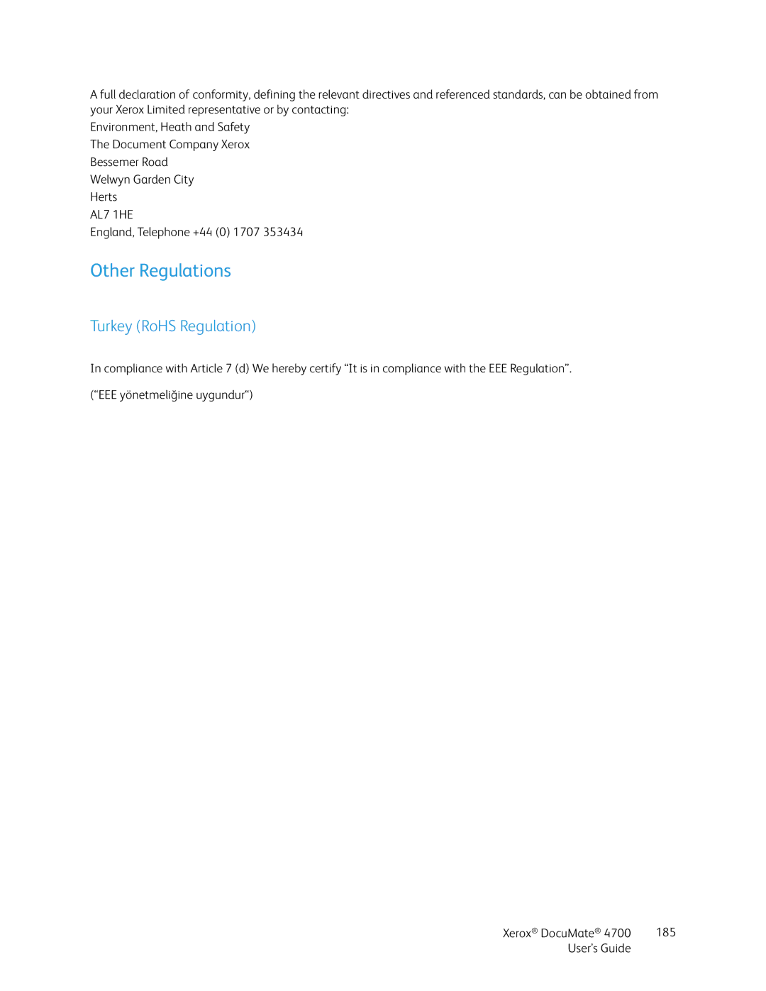 Xerox 4700 manual Other Regulations, Turkey RoHS Regulation 