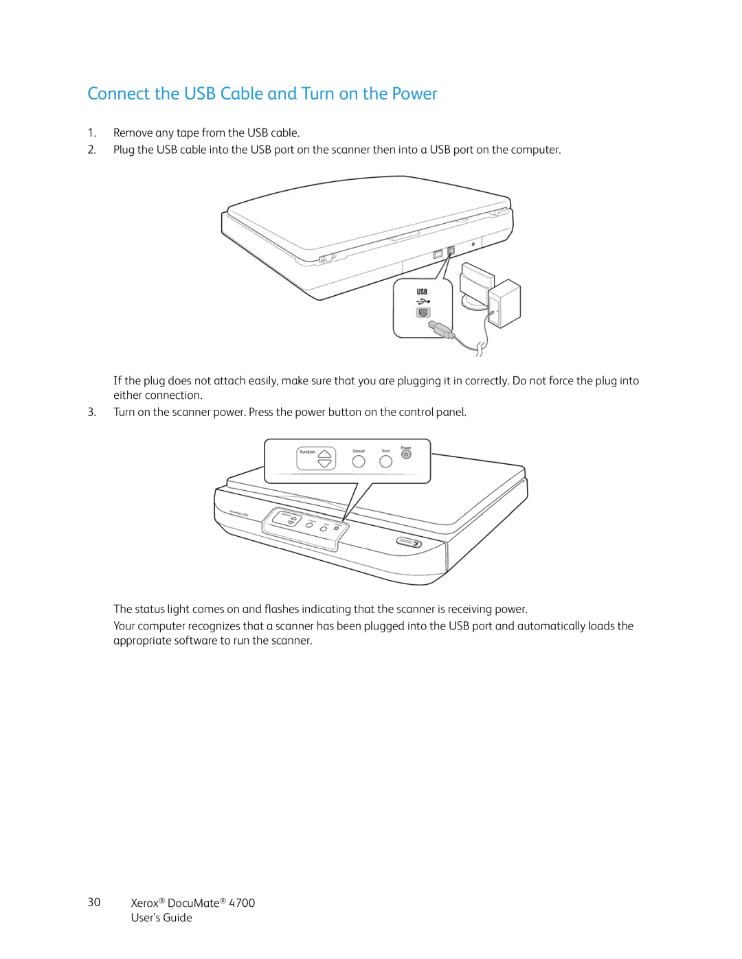 Xerox 4700 manual Connect the USB Cable and Turn on the Power 