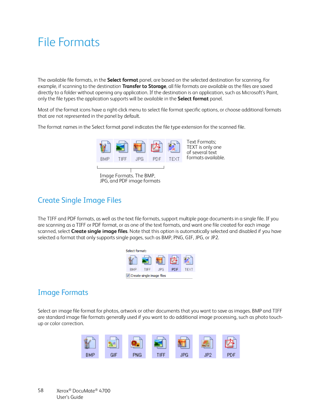 Xerox 4700 manual File Formats, Create Single Image Files Image Formats 