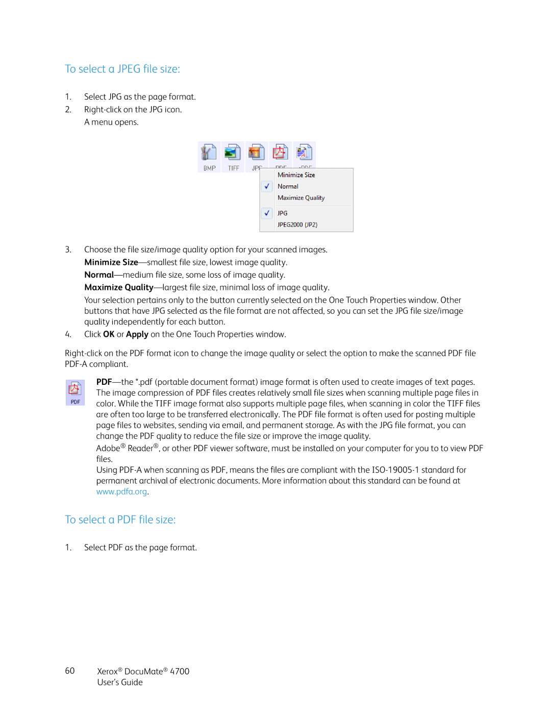 Xerox 4700 manual To select a Jpeg file size 