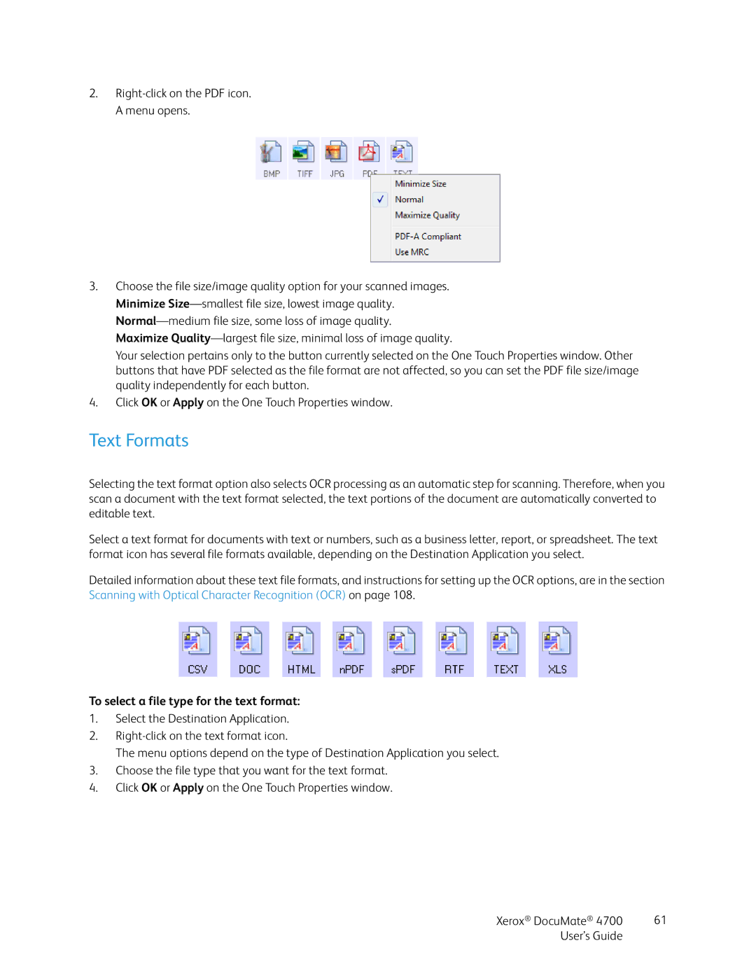 Xerox 4700 manual Text Formats, To select a file type for the text format 