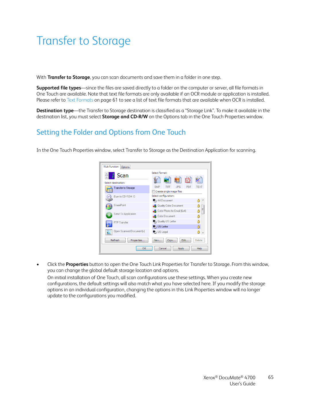 Xerox 4700 manual Transfer to Storage, Setting the Folder and Options from One Touch 