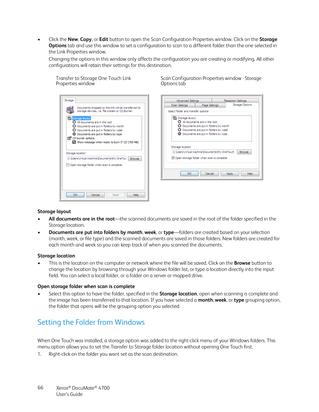 Xerox 4700 Setting the Folder from Windows, Storage layout, Storage location, Open storage folder when scan is complete 