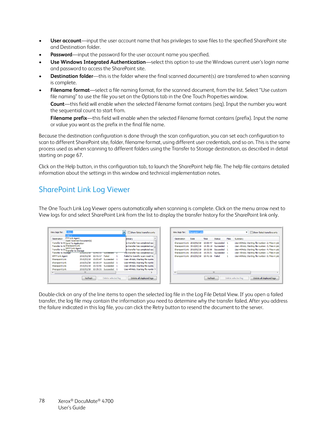 Xerox 4700 manual SharePoint Link Log Viewer 