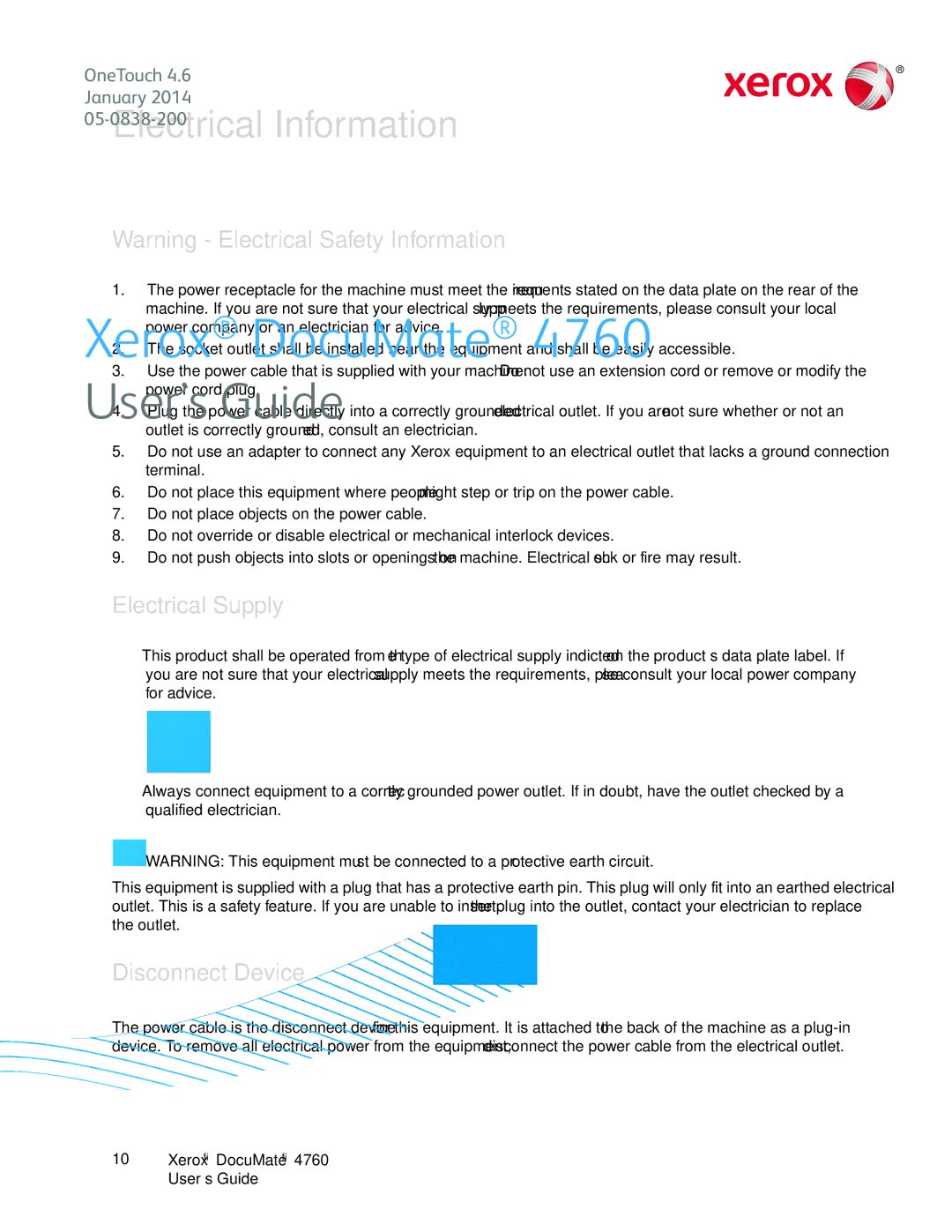 Xerox 4760 manual Electrical Information, Electrical Supply, Disconnect Device 