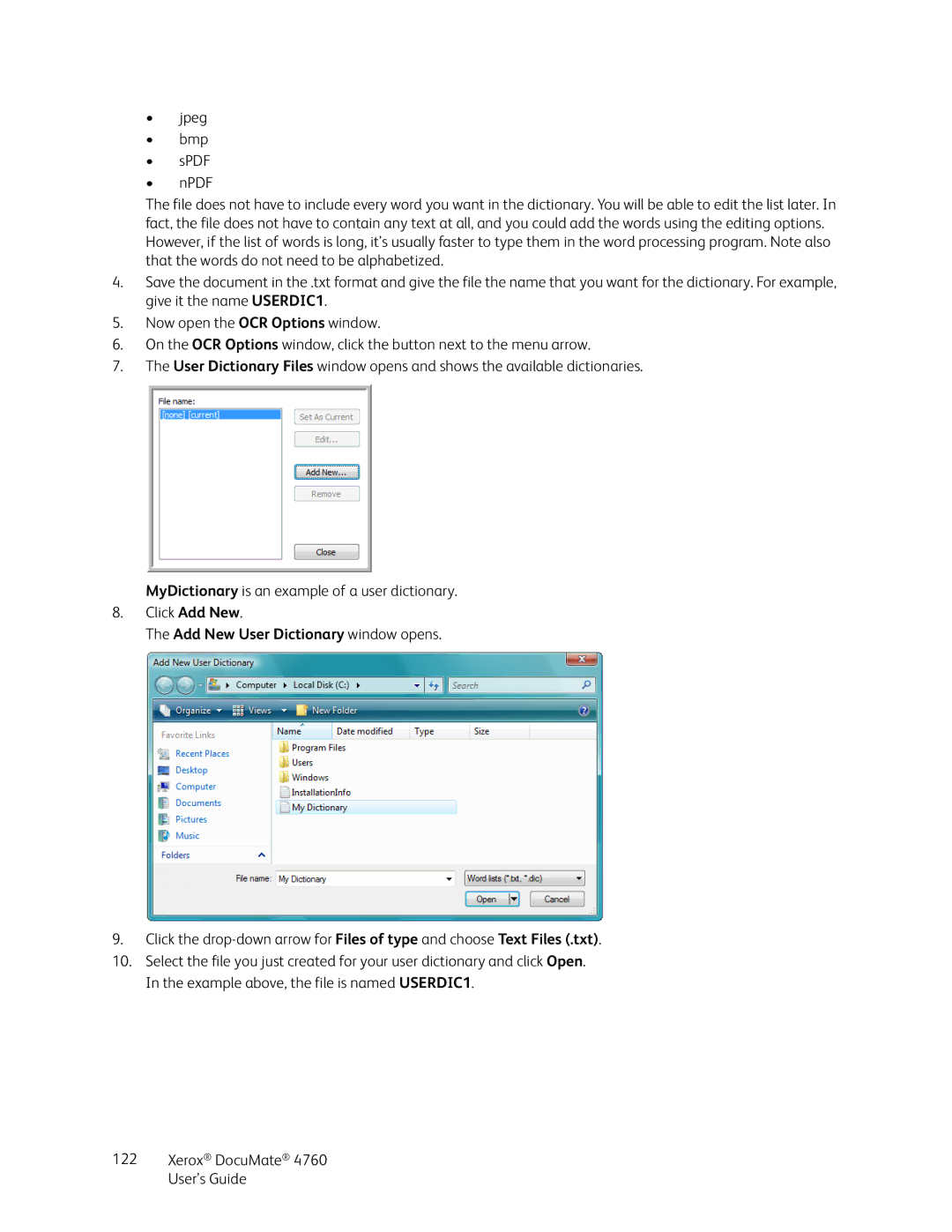 Xerox 4760 manual Add New User Dictionary window opens 