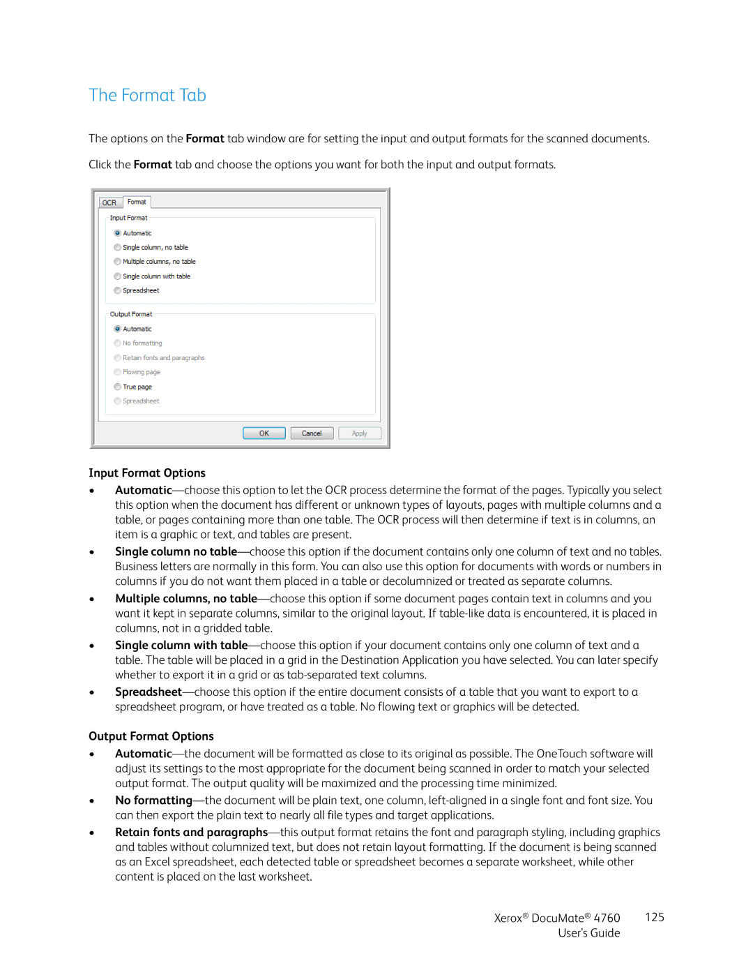 Xerox 4760 manual Format Tab, Input Format Options, Output Format Options 