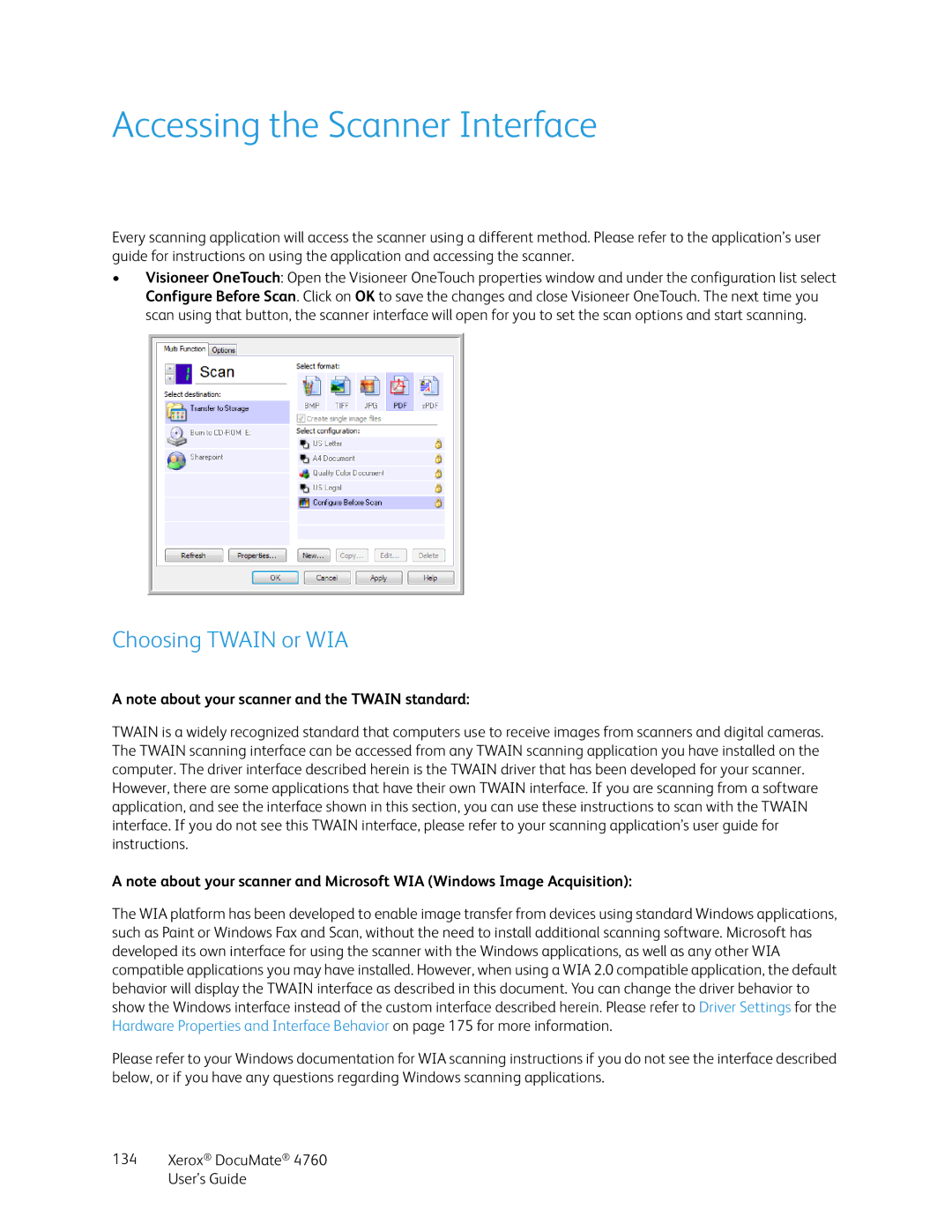 Xerox 4760 manual Accessing the Scanner Interface, Choosing Twain or WIA 
