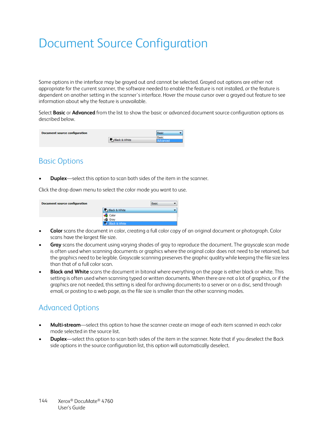 Xerox 4760 manual Document Source Configuration, Basic Options, Advanced Options 