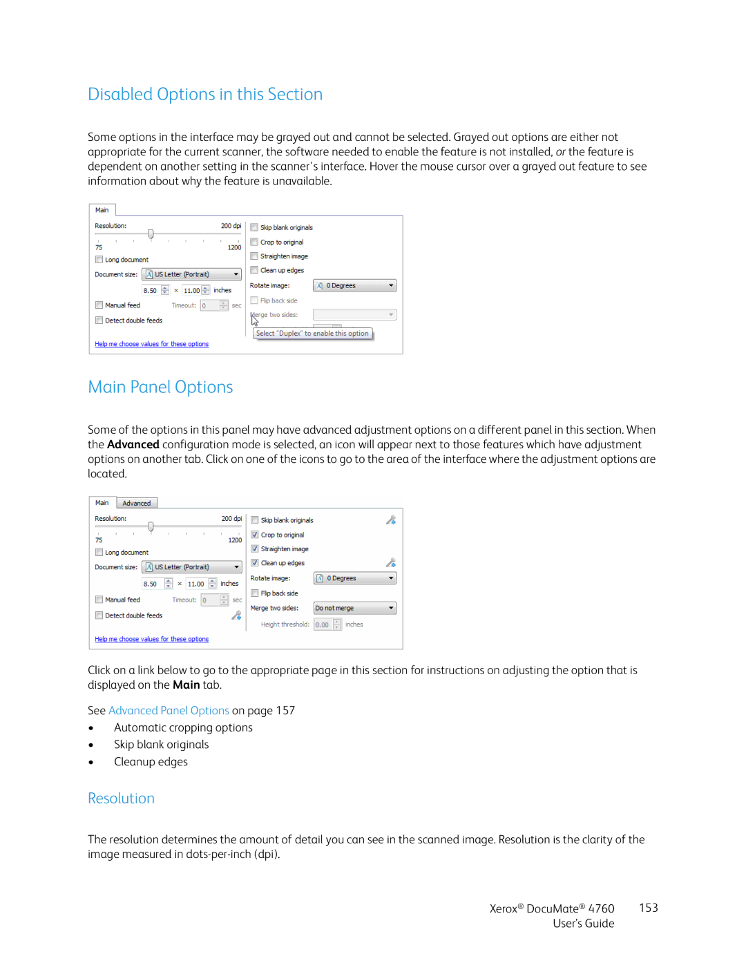 Xerox 4760 manual Disabled Options in this Section, Main Panel Options, Resolution 