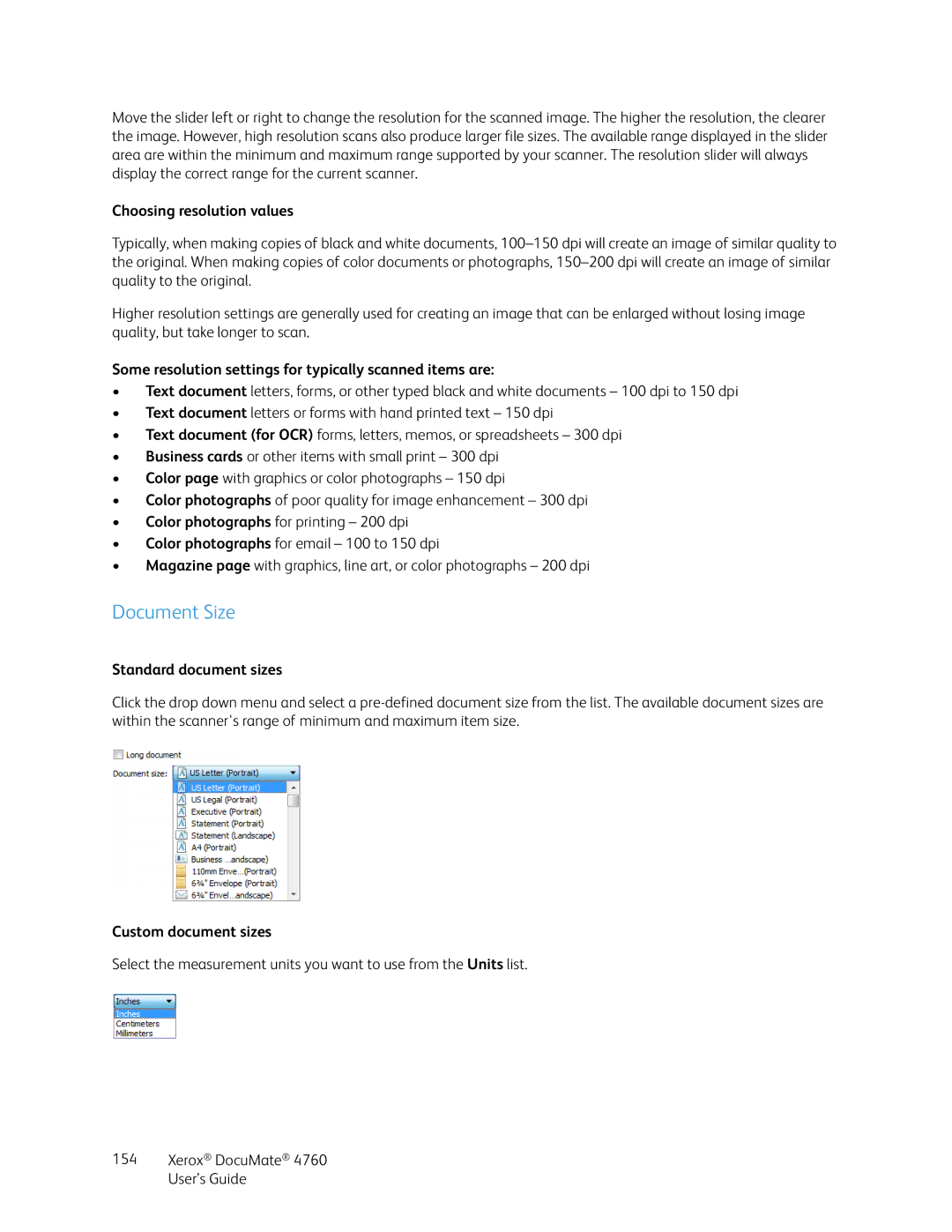 Xerox 4760 manual Document Size, Choosing resolution values, Some resolution settings for typically scanned items are 