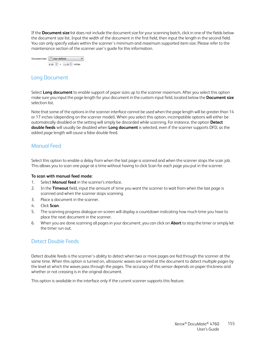 Xerox 4760 Long Document, Manual Feed, Detect Double Feeds, To scan with manual feed mode 