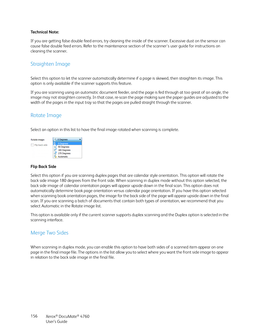 Xerox 4760 manual Straighten Image, Rotate Image, Merge Two Sides, Flip Back Side 