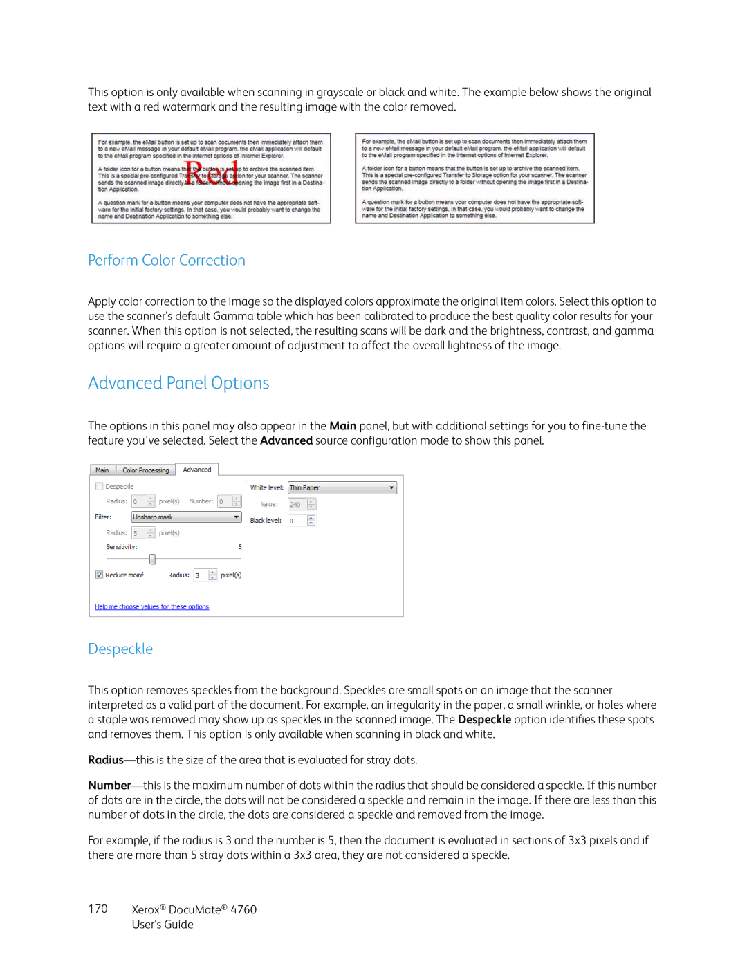 Xerox 4760 manual Perform Color Correction, Despeckle 