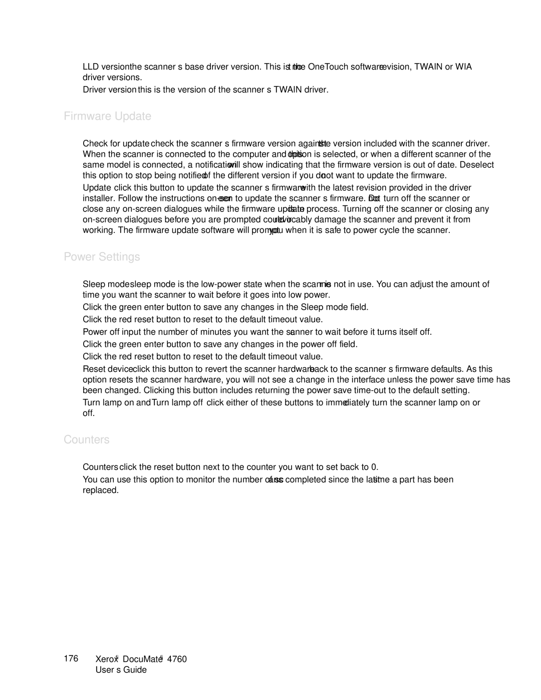 Xerox 4760 manual Firmware Update, Power Settings, Counters 