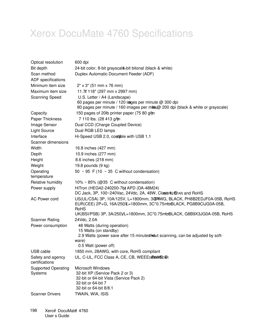 Xerox manual Xerox DocuMate 4760 Specifications 