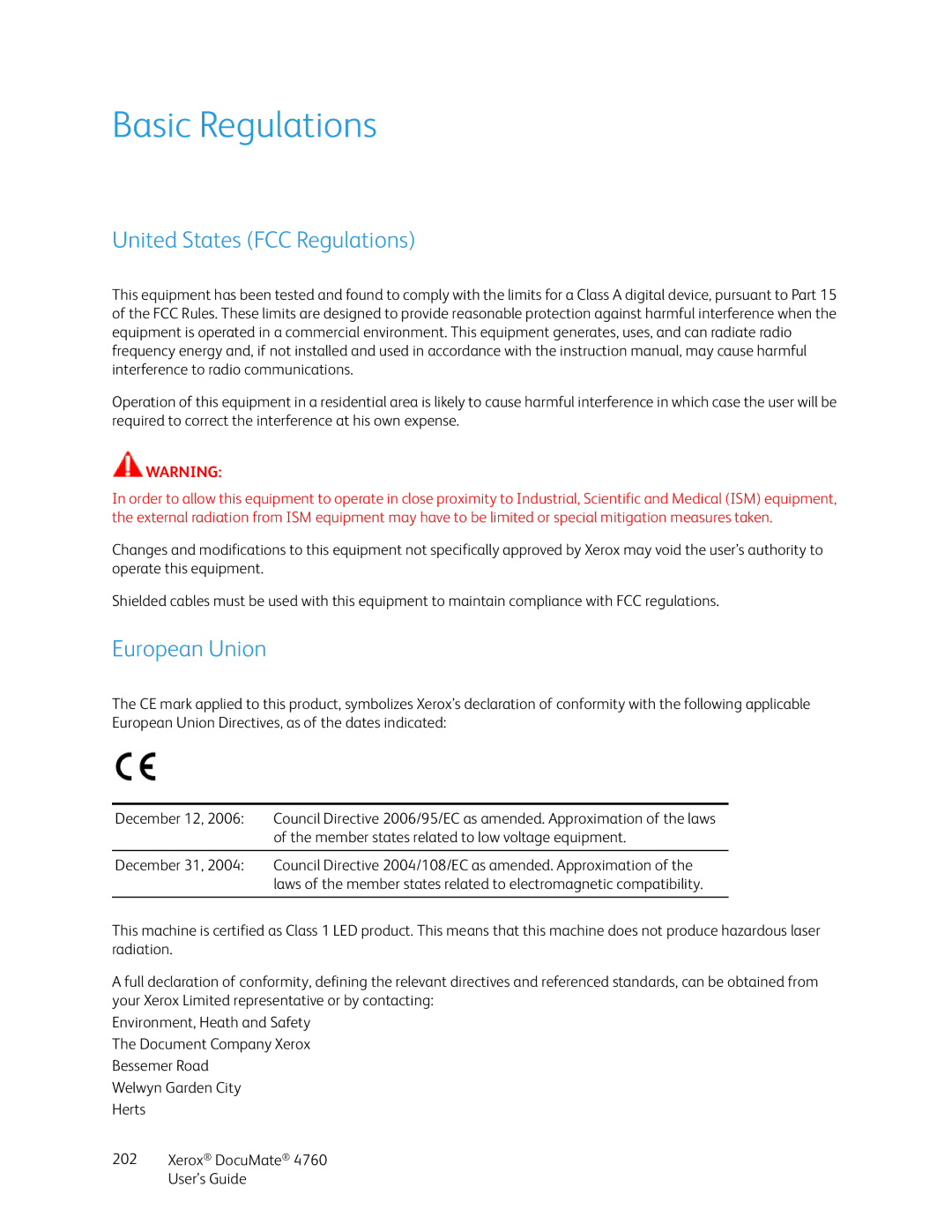 Xerox 4760 manual Basic Regulations, United States FCC Regulations, European Union 