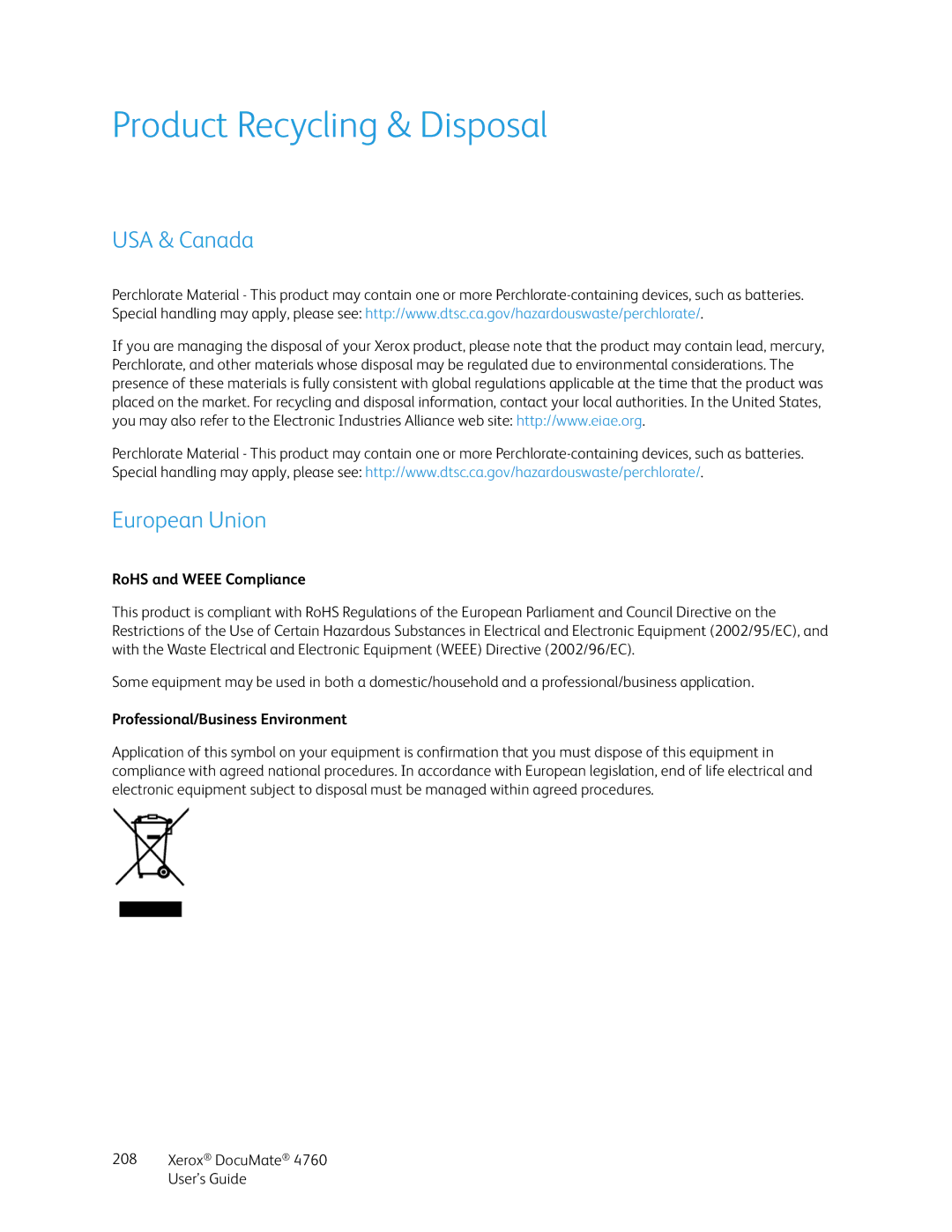 Xerox 4760 manual Product Recycling & Disposal, USA & Canada European Union, RoHS and Weee Compliance 