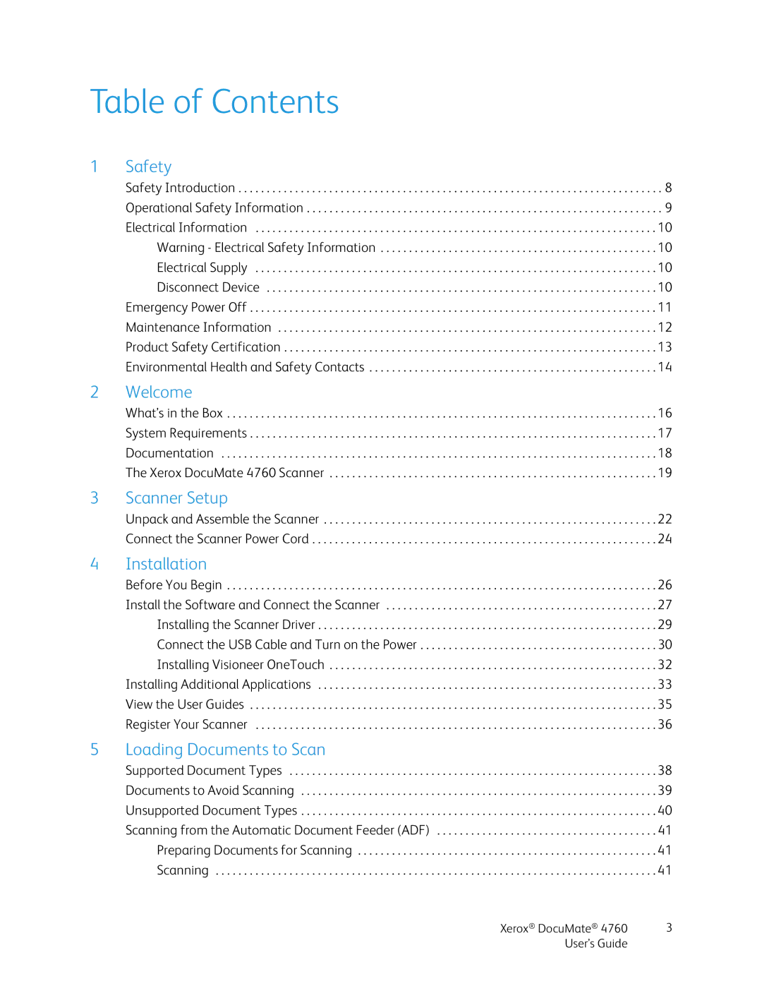 Xerox 4760 manual Table of Contents 