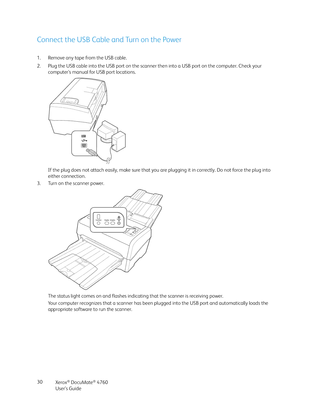 Xerox 4760 manual Connect the USB Cable and Turn on the Power 