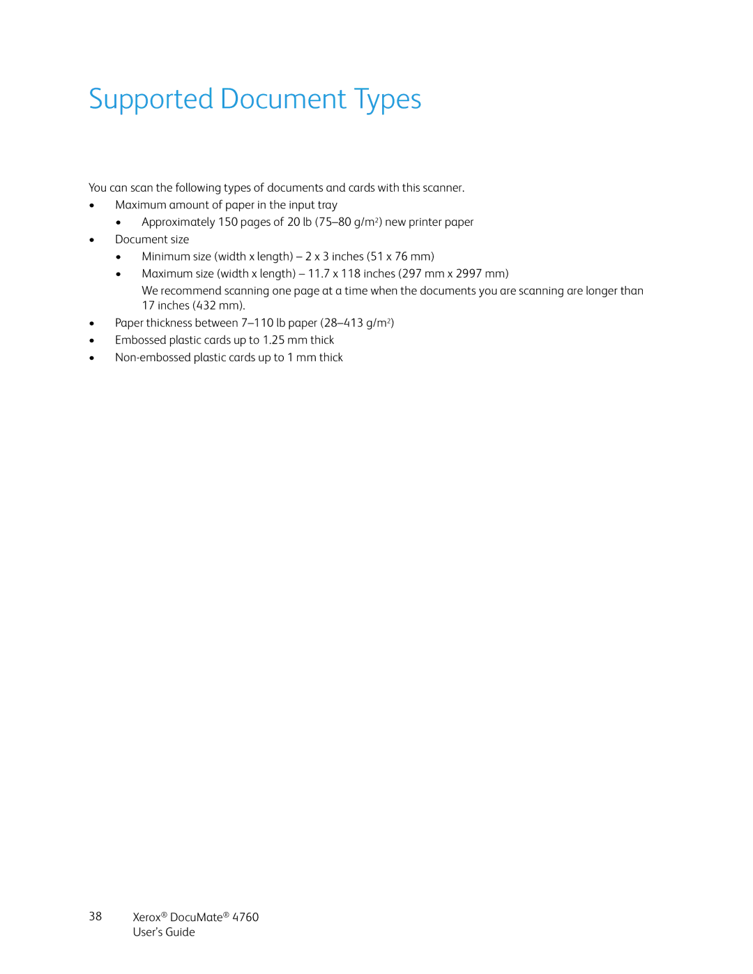 Xerox 4760 manual Supported Document Types 