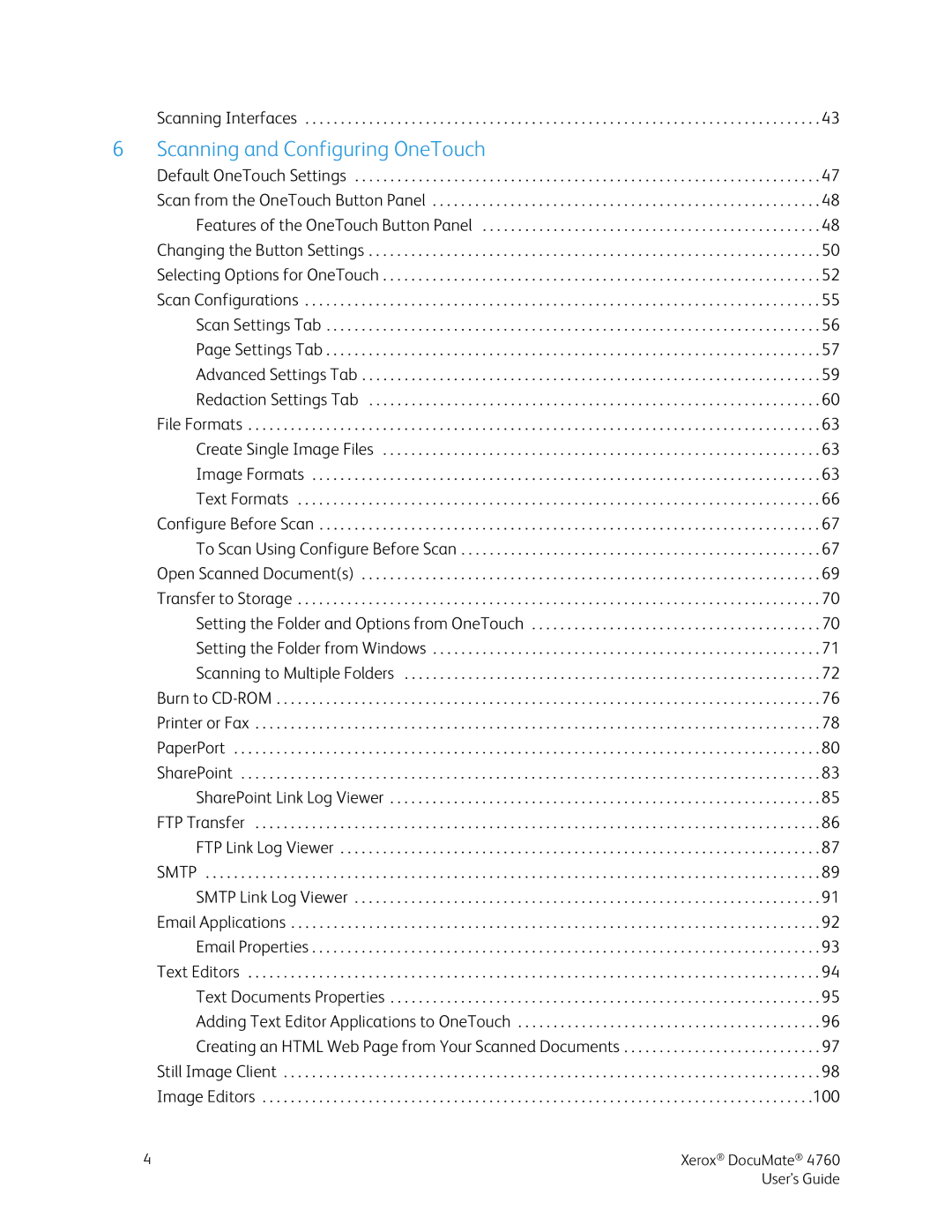 Xerox 4760 manual Scanning and Configuring OneTouch, Smtp 