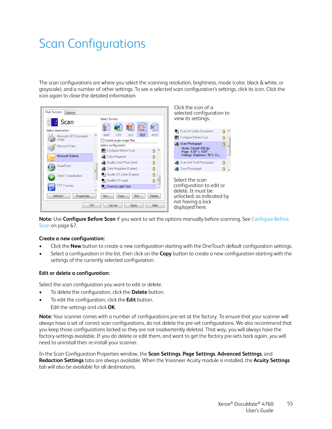 Xerox 4760 manual Scan Configurations, Create a new configuration, Edit or delete a configuration 