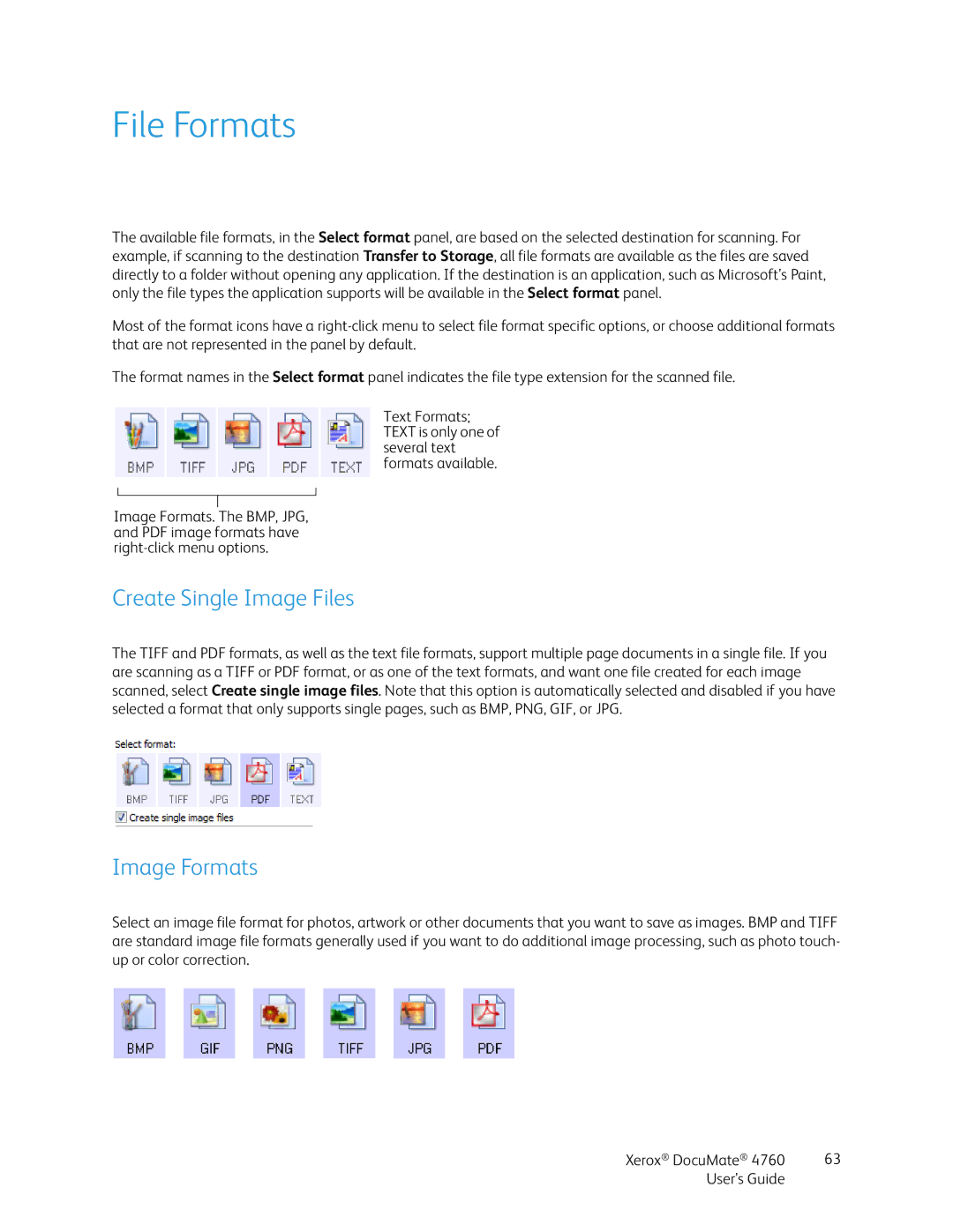 Xerox 4760 manual File Formats, Create Single Image Files Image Formats 