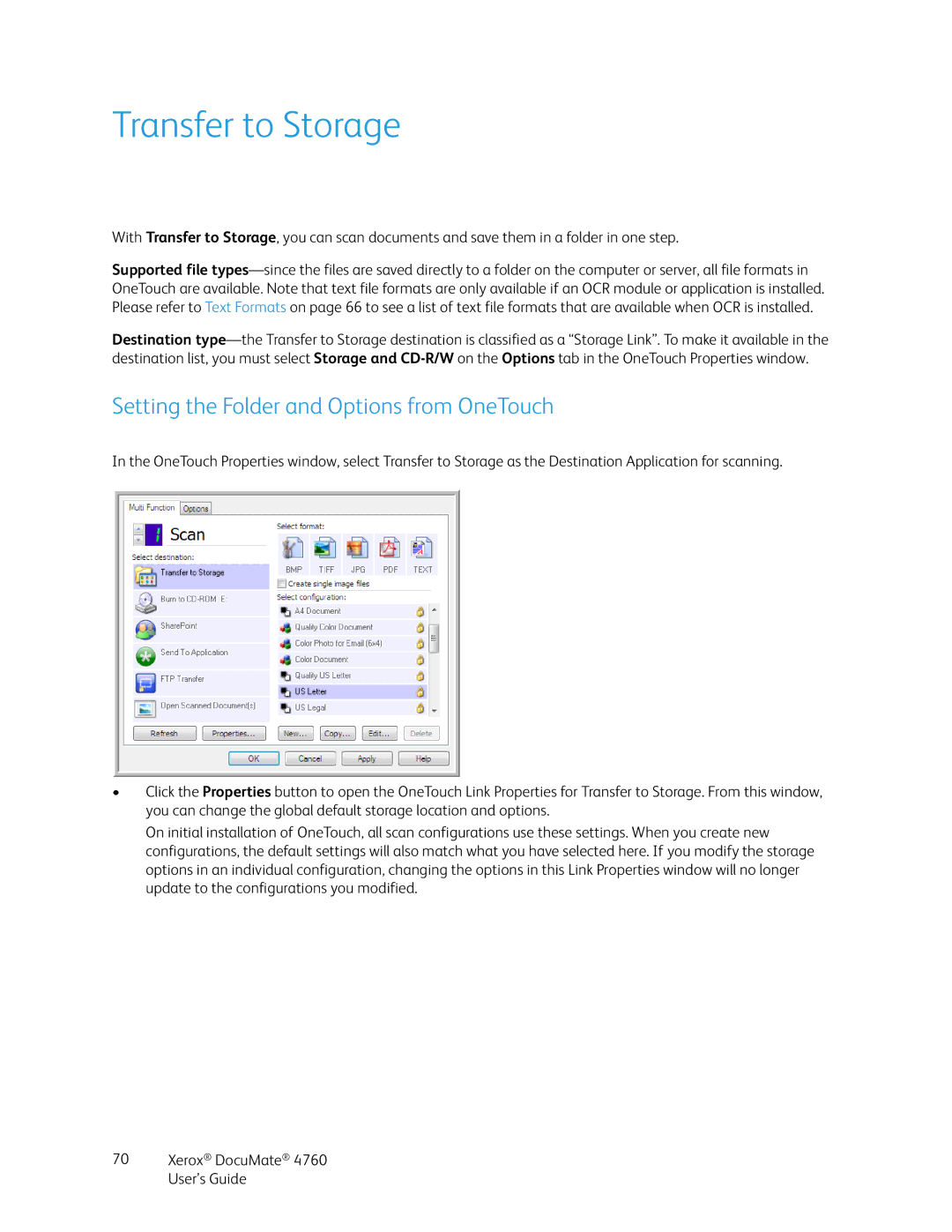 Xerox 4760 manual Transfer to Storage, Setting the Folder and Options from OneTouch 