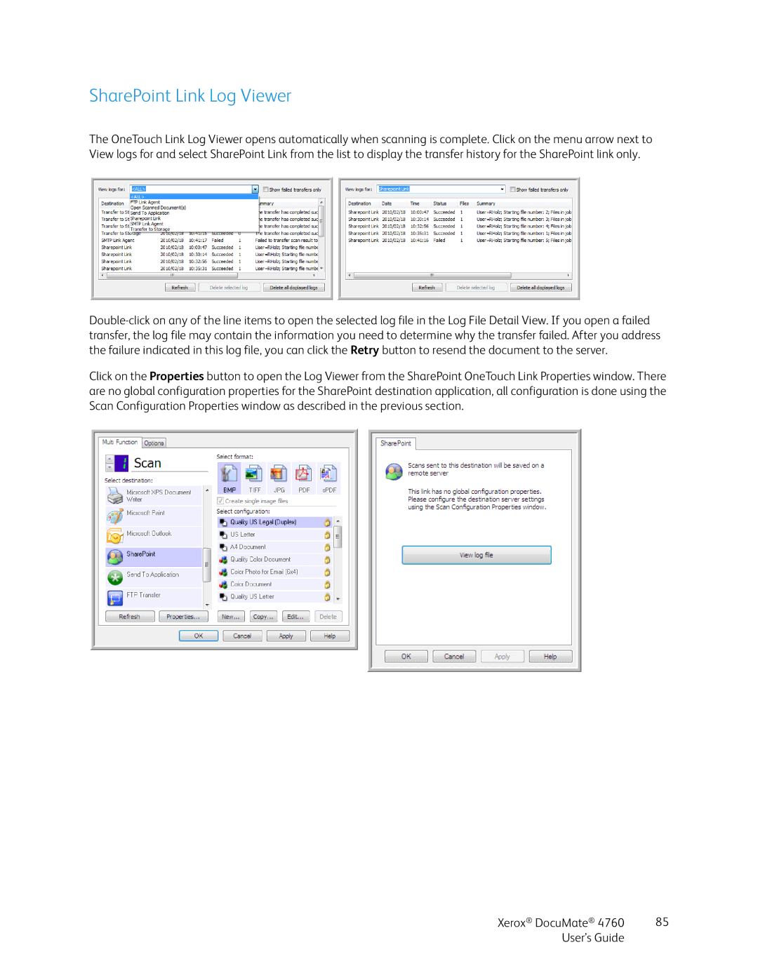 Xerox 4760 manual SharePoint Link Log Viewer 