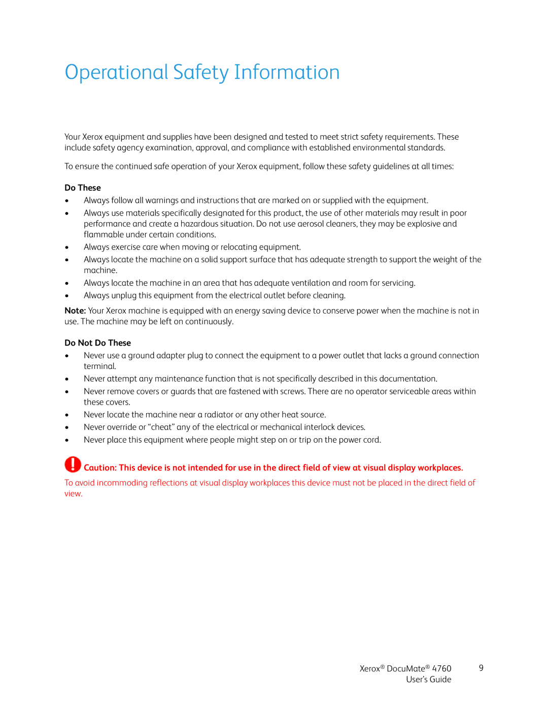 Xerox 4760 manual Operational Safety Information, Do Not Do These 