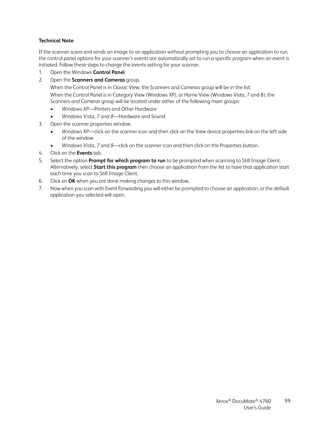 Xerox 4760 manual Open the Scanners and Cameras group, Windows Vista, 7 and 8-Hardware and Sound 