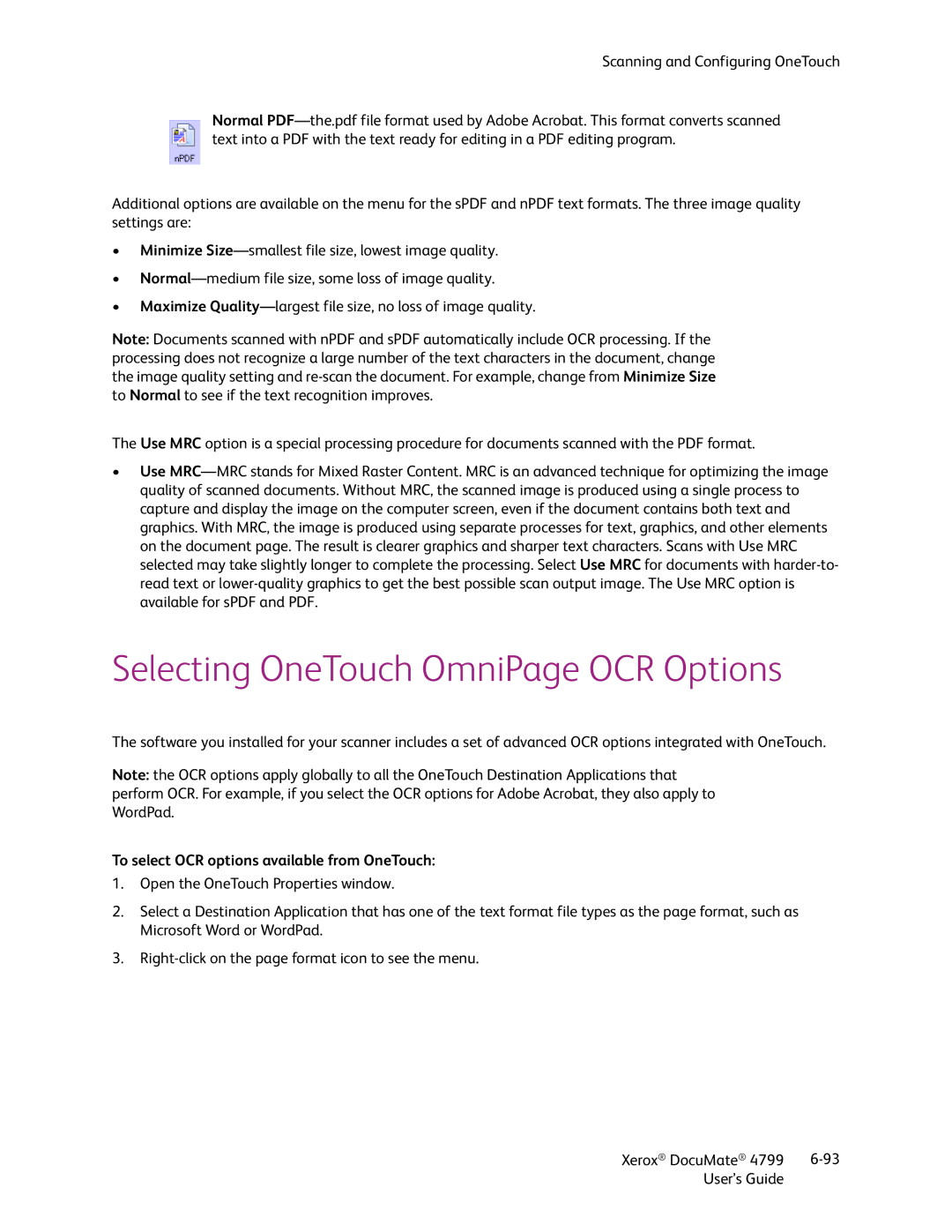 Xerox 4799 manual Selecting OneTouch OmniPage OCR Options, To select OCR options available from OneTouch 