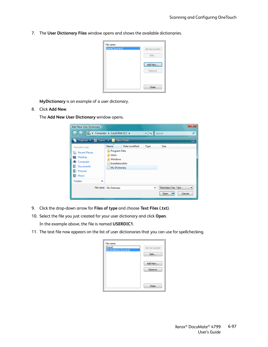 Xerox 4799 manual Add New User Dictionary window opens 