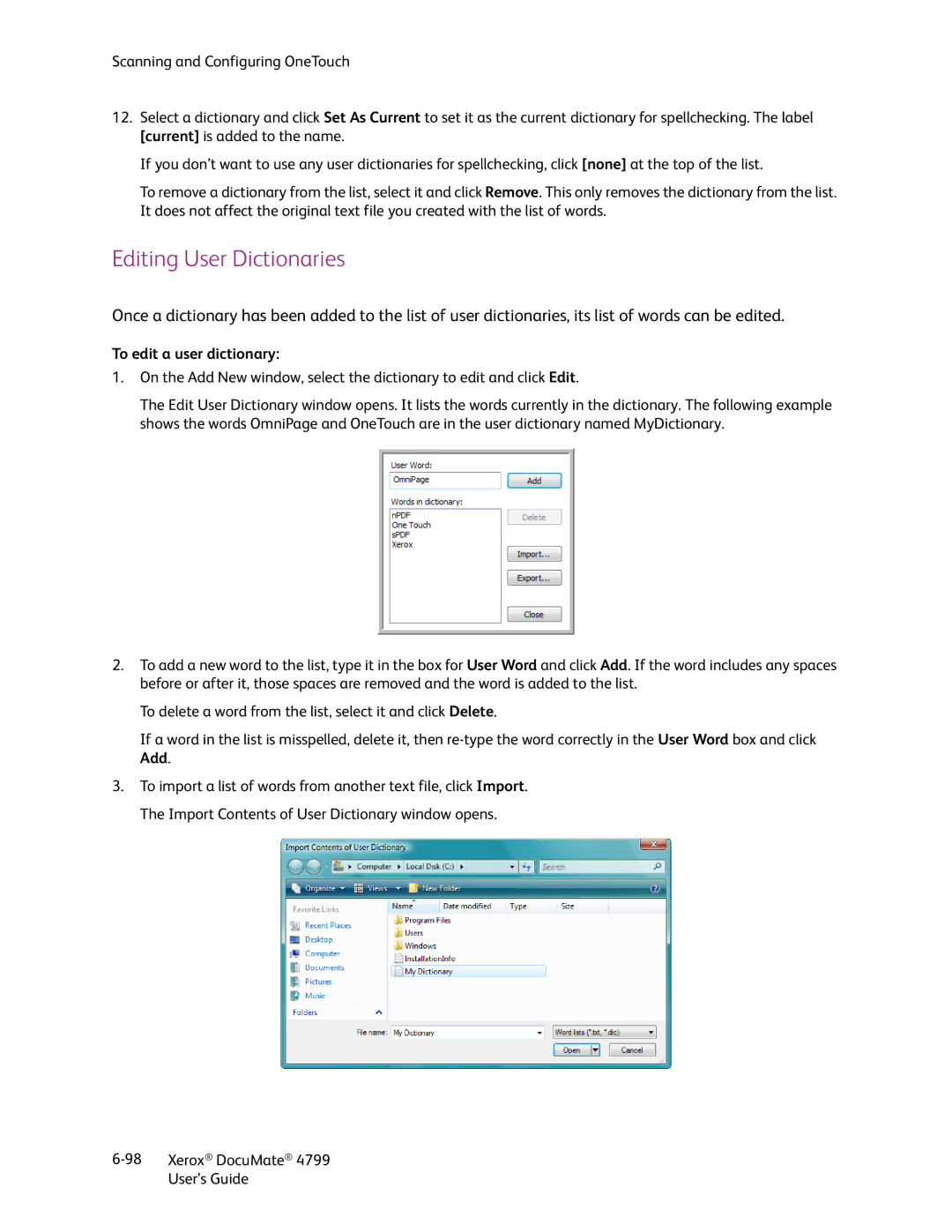 Xerox 4799 manual Editing User Dictionaries, To edit a user dictionary 