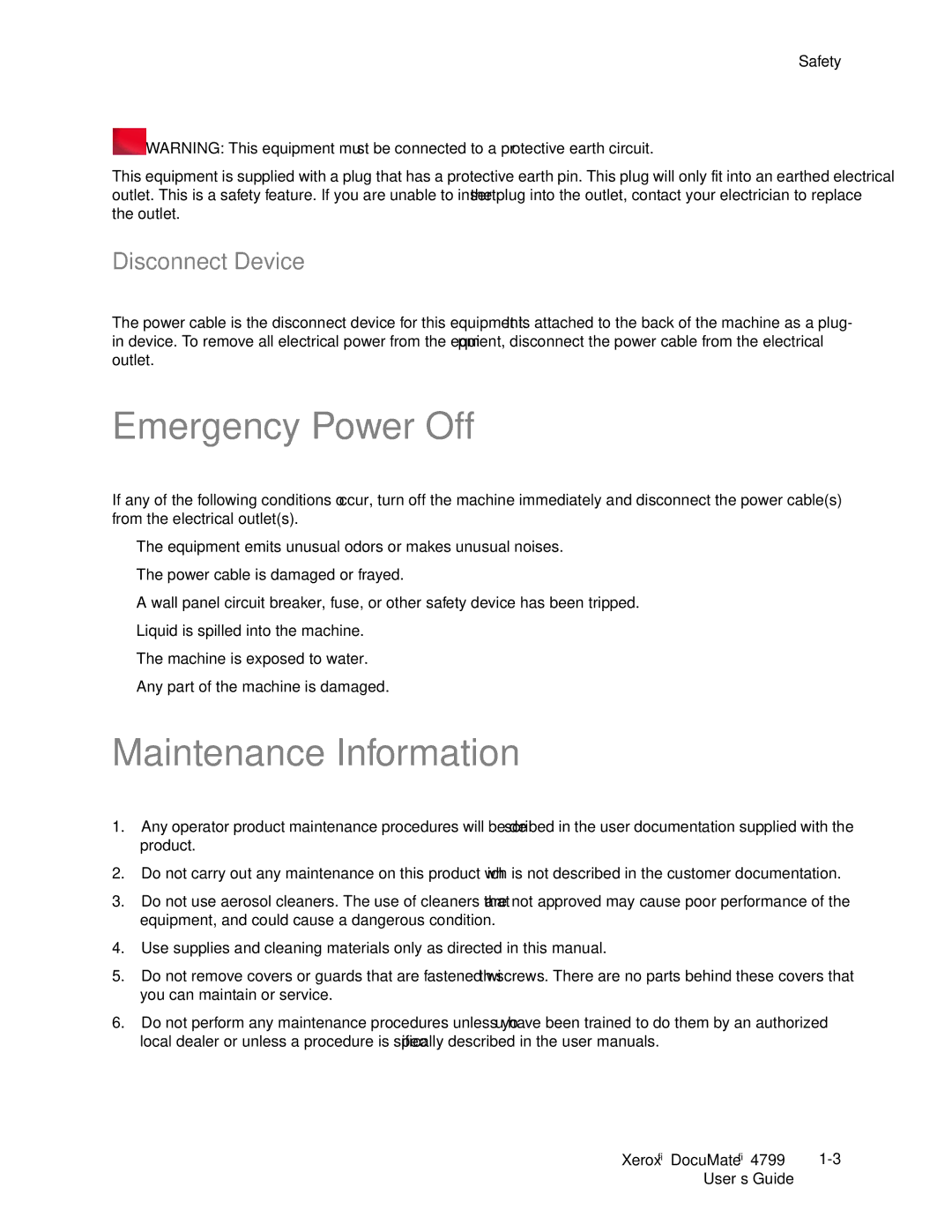 Xerox 4799 manual Emergency Power Off, Maintenance Information, Disconnect Device 