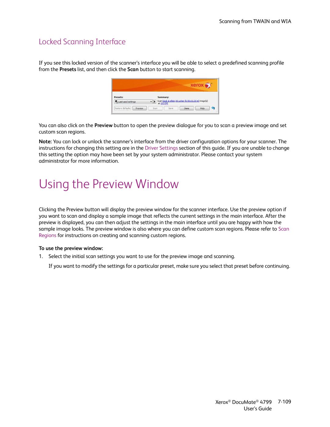 Xerox 4799 manual Using the Preview Window, Locked Scanning Interface, To use the preview window 