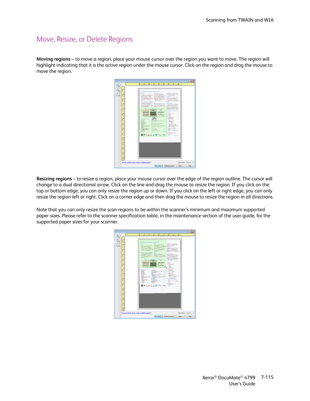 Xerox 4799 manual Move, Resize, or Delete Regions 