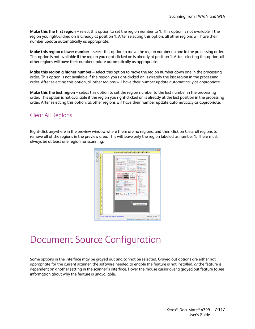 Xerox 4799 manual Document Source Configuration, Clear All Regions 