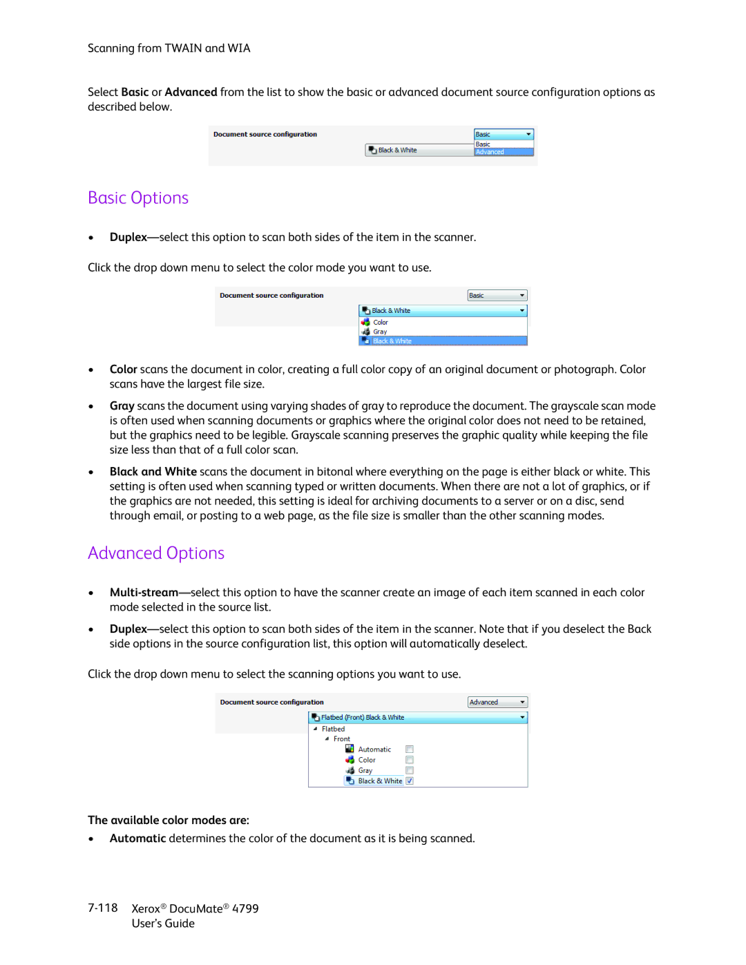 Xerox 4799 manual Basic Options, Advanced Options, Available color modes are 