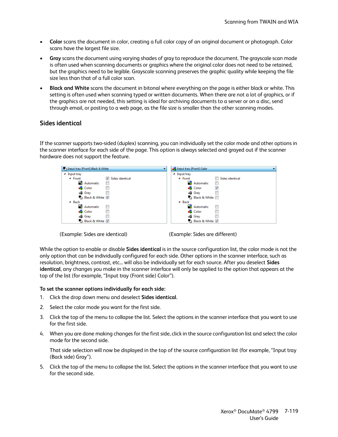 Xerox 4799 manual Sides identical, To set the scanner options individually for each side 