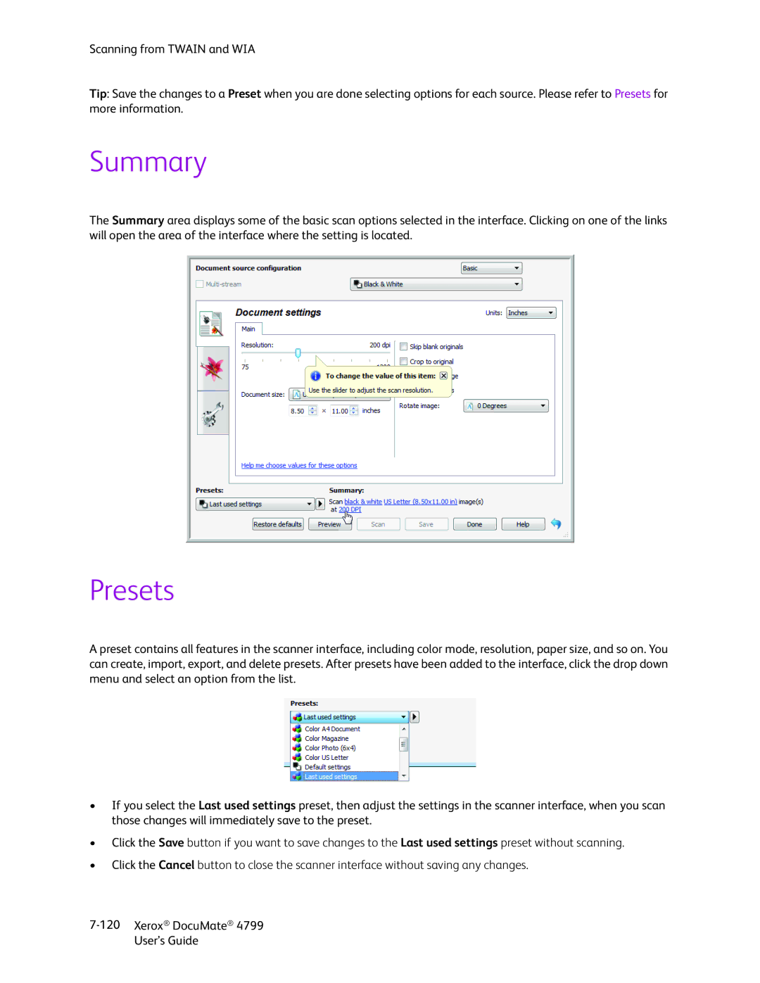 Xerox 4799 manual Summary, Presets 